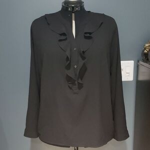 Talbots Elegant Black Ruffle Blouse V Neck 1/4 Button Sz 20w